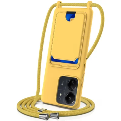 Liquid Silicone Case For Xiaomi Redmi 13C 5G  /  4G  /  Redmi 13R 5G  /  Poco M6 5G  /  Poco C65 4G Card Holder Phone Back Cover with Lanyard - Yellow