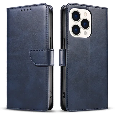 Voor iPhone 16 Pro-hoesje met kalfsstructuur, magnetische sluiting, portemonnee, PU-lederen telefoonhoes - Blauw