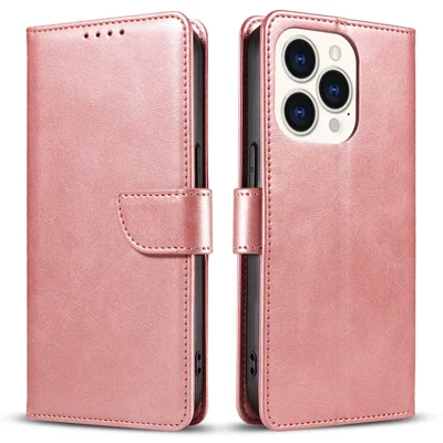 For iPhone 16 Pro Max Case Calf Texture Magnetic Clasp Wallet PU Leather Phone Cover - Rose Gold