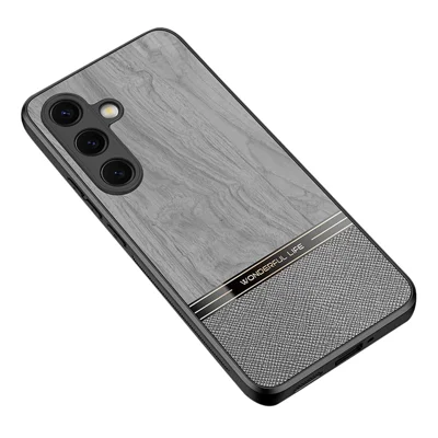 Voor Samsung Galaxy S25 Hoesje Houtnerf Leren Gecoate TPU Beschermhoes - Grijs