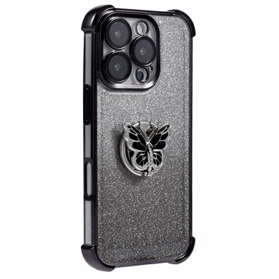 For iPhone 16 Pro Case Butterfly Kickstand Glitter TPU Shockproof Phone Cover - Black
