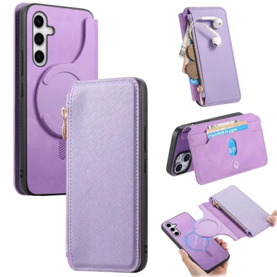 For Samsung Galaxy S25 Leather Case Cross Texture Detachable Magnetic Phone Cover Wallet Stand - Purple