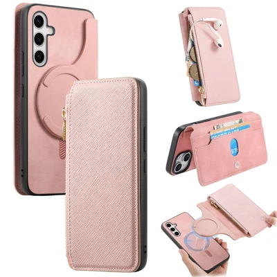 For Samsung Galaxy S25+ Leather Case Cross Texture Detachable Magnetic Phone Cover Wallet Stand - Pink