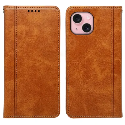 For iPhone 15 Case Hidden Magnetic Closure Calf Texture Leather Phone Cover - Yellow