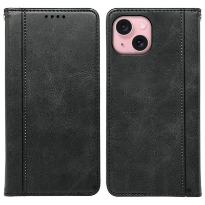 For iPhone 14 Case Hidden Magnetic Closure Calf Texture Leather Phone Cover - Black