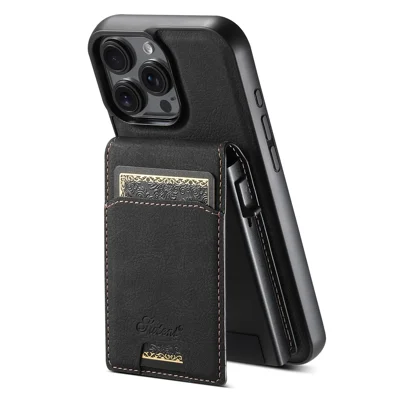 SUTENI H19 For iPhone 16 Pro Magnetic Case Card Holder Kickstand Litchi Texture Leather Back Cover - Black