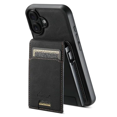 SUTENI H19 For iPhone 16 Plus Magnetic Case Card Holder Kickstand Litchi Texture Leather Back Cover - Black