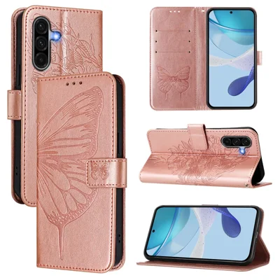 For Samsung Galaxy A37 5G / A56 5G / A36 5G Wallet Case with Wrist Strap Butterfly Imprint Leather Phone Cover - Rose Gold