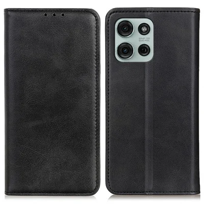 Voor Motorola Moto G75 5G hoesje van gespleten leer met flipportemonnee - Zwart