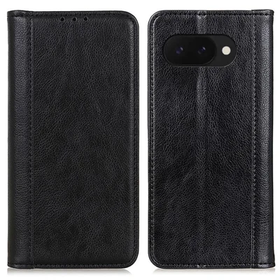 For Google Pixel 9a Stand Case Split Leather Litchi Texture Wallet Phone Cover - Black
