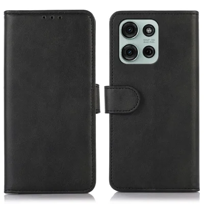Voor Motorola Moto G75 5G hoesje met structuur van koeienleer Lederen portemonnee hoesje met standaard - Zwart