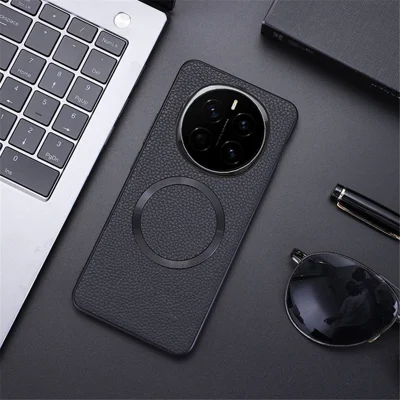 Hoesje voor Honor Magic7 Pro 5G, compatibel met MagSafe, hoesje van PU-leer met lijsterbesstructuur en TPU - Zwart