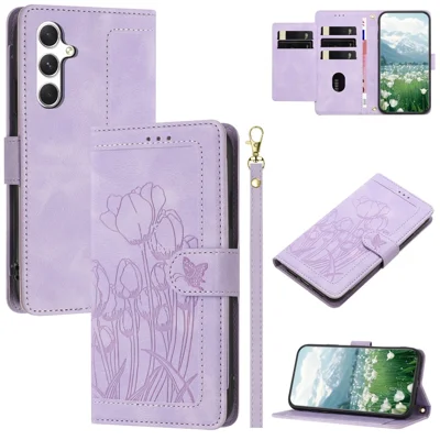 For Samsung Galaxy A24 4G (162.1 x 77.6 x 8.3mm) Case Tulip Leather Phone Cover with 5 Card Slots Wallet - Purple