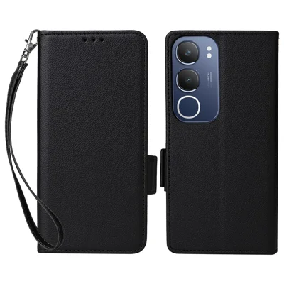 For vivo Y19s 4G / Y29 5G Case with Wrist Strap Litchi Texture PU Leather Wallet Phone Cover - Black