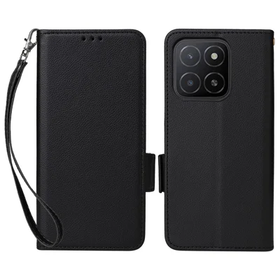 Etui na Honor X5b / X5b Plus z paskiem na nadgarstek, tekstura litchi, portfel z syntetycznej skóry PU - Czarny