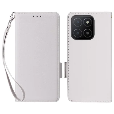 For Honor X5b / X5b Plus Case with Wrist Strap Litchi Texture PU Leather Wallet Phone Cover - White