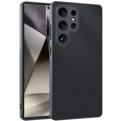 For Samsung Galaxy S24 Ultra Case PU Leather Coated PC+TPU Anti-Drop Phone Cover - Black