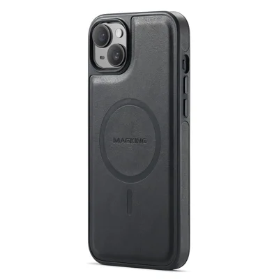 MAGKING K1 Series For iPhone 15 Magnetic Case PC+TPU+PU Leather Phone Cover - Black
