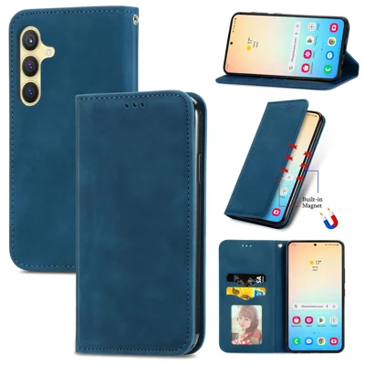 For Samsung Galaxy S25+ Leather Case with Card Holder Magnetic Absorption Phone Cover - Dark Blue