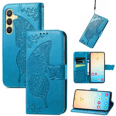 Voor Samsung Galaxy S25 hoesje met bandje vlindermotief PU leer portemonnee telefoonhoesje - Blauw
