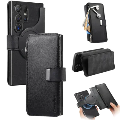 CASENEO For Samsung Galaxy S25 Ultra MW-02 Detachable Magnetic Leather Wallet Phone Cover - Black