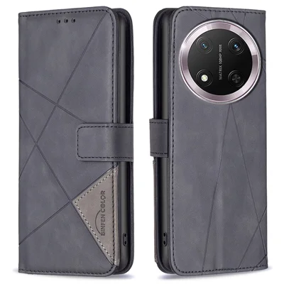 BINFEN COLOR For Honor Magic7 Lite 5G / X9c 5G / X60 Pro 5G Phone Cases Wallet Stand Geometry Imprint Leather Cover - Black