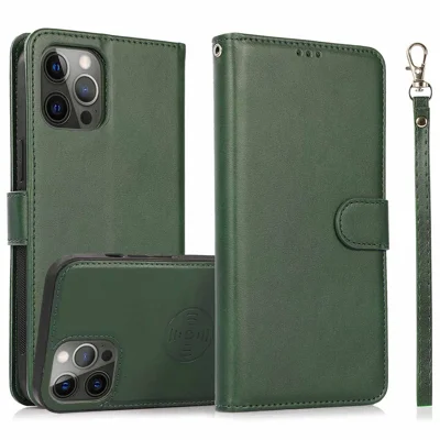 For iPhone 16 Pro Case Magnetic Detachable 2-in-1 Wallet Stand PU Leather Phone Cover - Green
