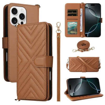 For iPhone 16 Pro Max Wallet Case with Shoulder / Wrist Strap Leather Phone Cover Stand - Brown