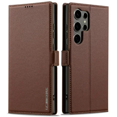 LC.IMEEKE L1 Series for Samsung Galaxy S25 Ultra Case PU Leather Wallet Stand Protective Phone Cover - Brown