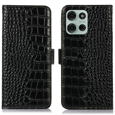 For Motorola Moto G75 5G Case Krokodillstruktur Ægte Nødeskinds Phone Wallet Cover - Sort