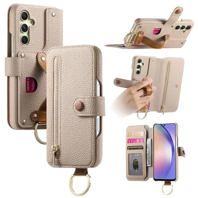 For Samsung Galaxy A14 4G / 5G Case RFID Blocking Zipper Wallet PU Leather Mobile Cover - Khaki
