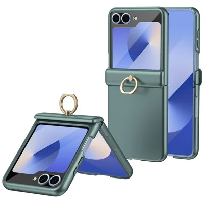 For Samsung Galaxy Z Flip5 5G Case with Tempered Glass Film Ring Holder Kickstand PC Phone Cover - Green