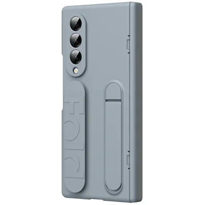 For Samsung Galaxy Z Fold4 5G Case with Tempered Glass Film Silicone Wristband Kickstand PC Phone Cover - Grey