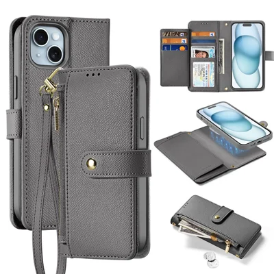 DUX DUCIS For iPhone 15 Plus Case  Lawa Series Detachable Magnetic Cowhide Leather Cover Zipper Wallet - Grey
