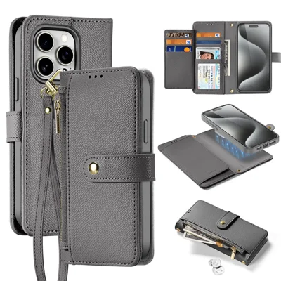 DUX DUCIS For iPhone 15 Pro Case  Lawa Series Detachable Magnetic Cowhide Leather Cover Zipper Wallet - Grey