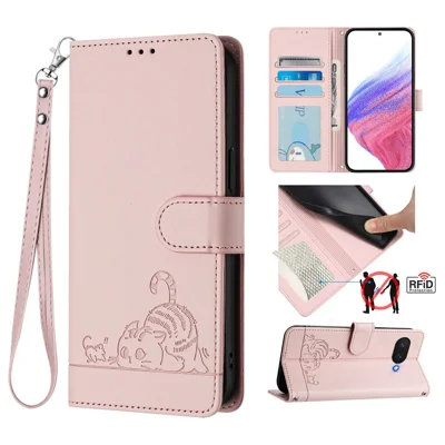 For Google Pixel 9a Case with Strap RFID Blocking Leather Wallet Phone Cover Cat Mouse Pattern - Pink