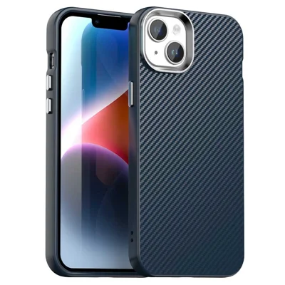 For iPhone 15 Plus / 14 Plus Case Cell Phone Hybrid Back Cover Carbon Fiber Texture - Blue