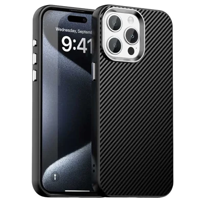 Voor iPhone 14 Pro Max Hoesje Mobiele Telefoon Hybride Achterklep Koolstofvezelstructuur - Zwart