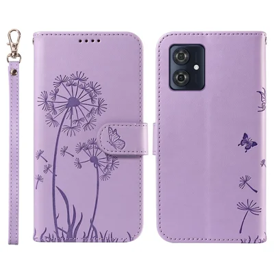 Leer hoesje voor Motorola Moto G54 5G met portemonnee en telefoonhoesje met paarse paardenbloemprint