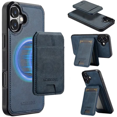 LC.IMEEKE L3 For iPhone 16 Plus Magnetic Case Detachable Card Holder Leather+TPU Mobile Cover - Blue