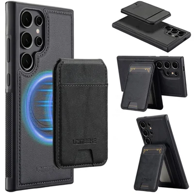 LC.IMEEKE L3 For Samsung Galaxy S23 Ultra Magnetic Case Detachable Card Holder Leather+TPU Mobile Cover - Black