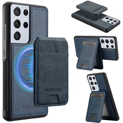 LC.IMEEKE L3 For Samsung Galaxy S22 Ultra 5G Magnetic Case Detachable Card Holder Leather+TPU Mobile Cover - Blue