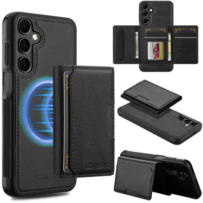 LC.IMEEKE L5 For Samsung Galaxy S24 FE Magnetic Phone Case Leather Back Cover with Detachable Card Holder - Black