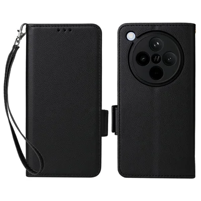 For Oppo Find X8 5G Case with Wrist Strap Litchi Texture PU Leather Wallet Phone Cover - Black