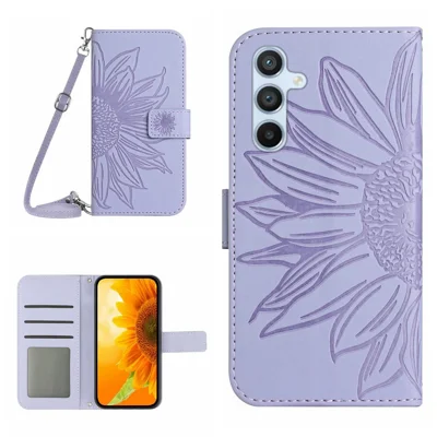 HT04 För Samsung Galaxy A56 5G / M56 5G Etui Medtryckt Solros PU-läder Mobilhölje med Lång Rem – Ljuslila