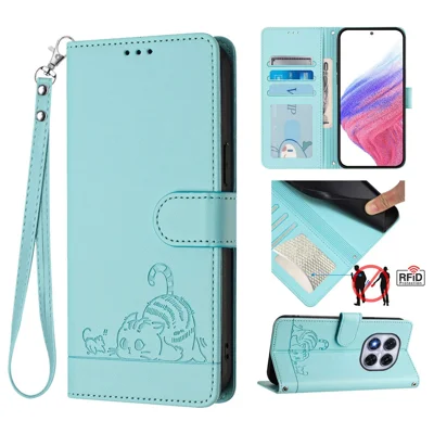 For Xiaomi Redmi Note 14 Pro+ 5G / 14 Pro 5G / Poco X7 5G Case with Strap RFID Blocking Leather Wallet Phone Cover Cat Mouse Pattern - Mint Green