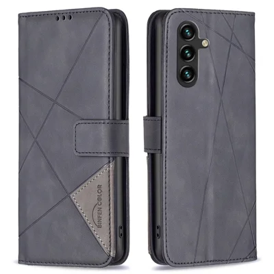 BINFEN COLOR For Samsung Galaxy A26 5G Phone Cases Wallet Stand Geometry Imprint Leather Cover - Black