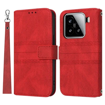 Voor Xiaomi 15 Hoesje Portemonnee Skintouch Leer Ingedrukt Telefoonhoesje - Rood