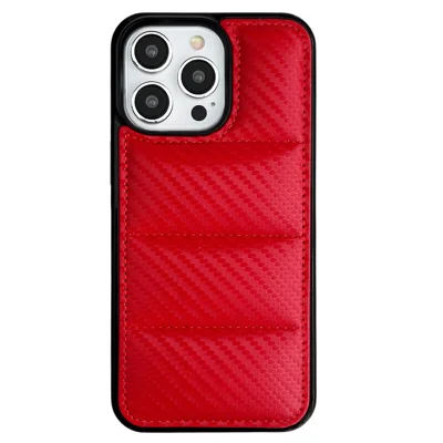 For iPhone 15 Pro Case Carbon Fiber Puffer Jacket Leather+TPU Shockproof Phone Cover - Red