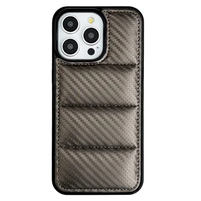 For iPhone 14 Pro Max Case Carbon Fiber Puffer Jacket Leather+TPU Shockproof Phone Cover - Grey